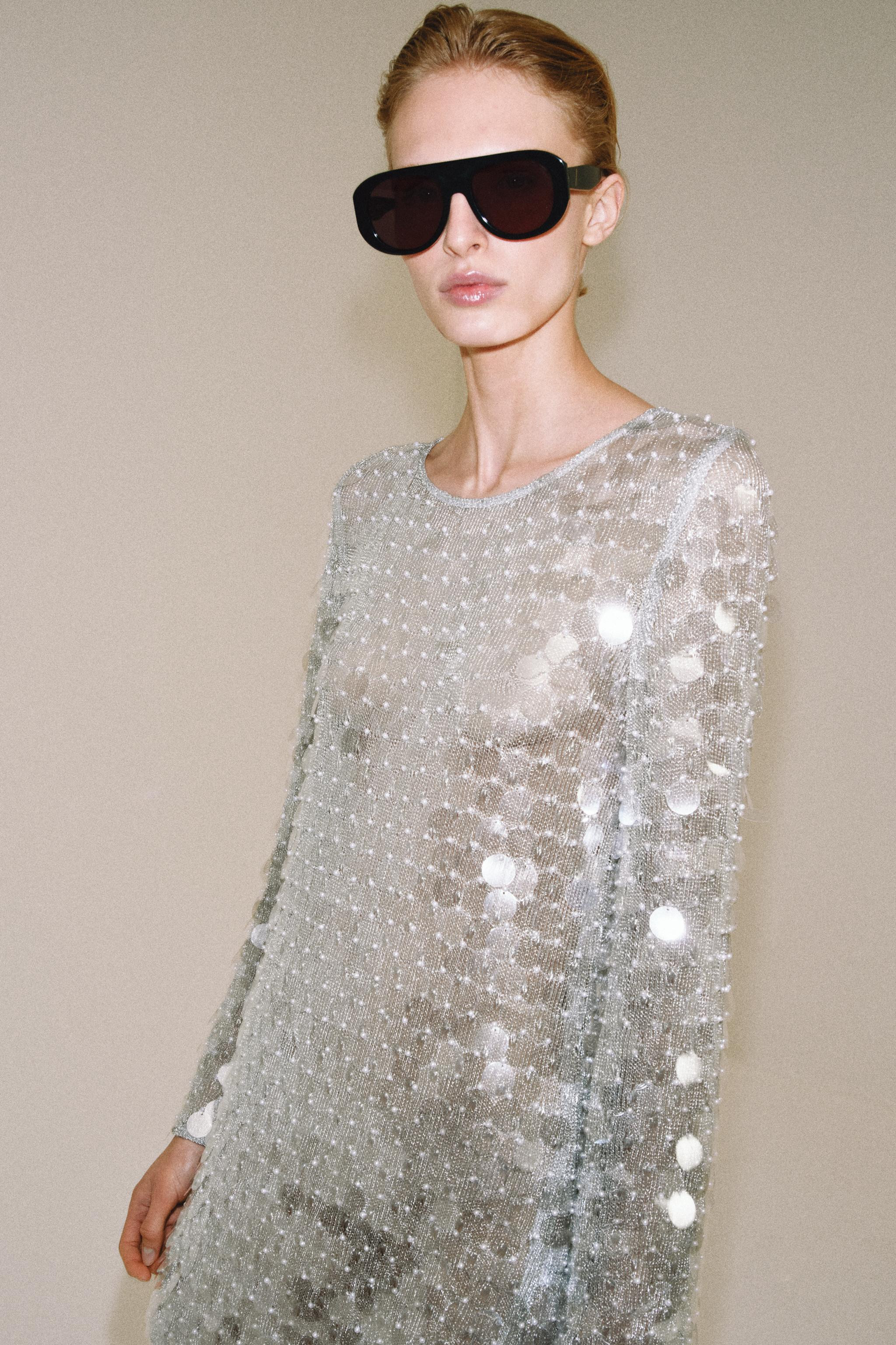 SHORT KNIT SEQUIN AND FAUX PEARL DRESS | Zara UK