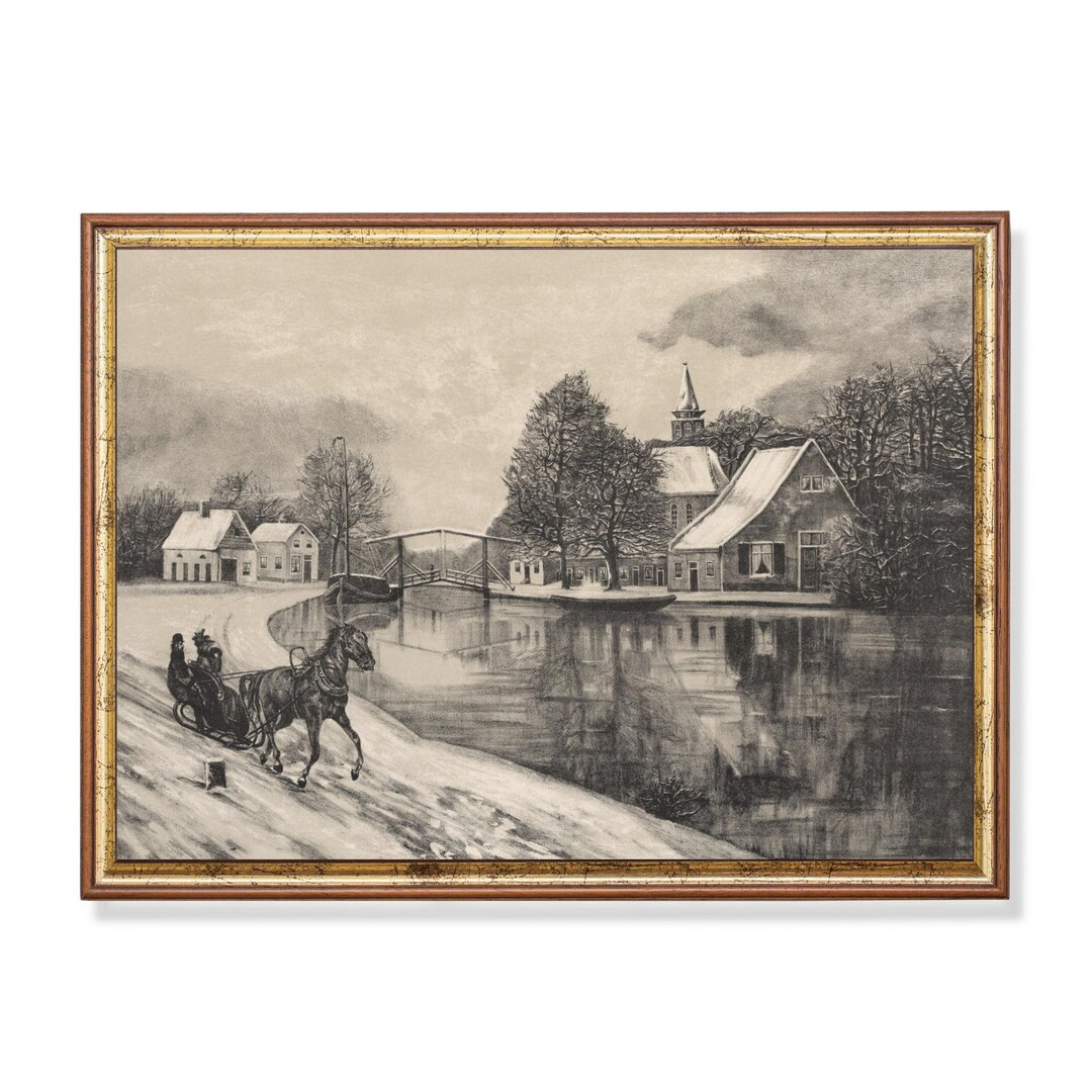 Vintage Sleigh Ride in Snow Print: Antique Winter Holiday Decor - Etsy | Etsy (US)