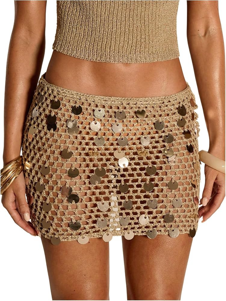MakeMeChic Women's Crochet Sequin Saparkly Mini Skirt Beach Cover Up Low Waist Party Y2k Skirts S... | Amazon (US)