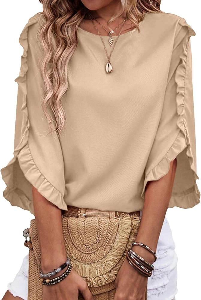 EVALESS 3/4 Length Sleeve Womens Tops Dressy Casual Blouses Crewneck Ruffle Sleeve Shirts Summer ... | Amazon (US)