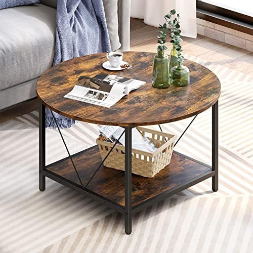 YITAHOME Round Coffee Table for Living Room,Retro Central Table with Storage Shelf,2-Tier Industrial | Amazon (US)