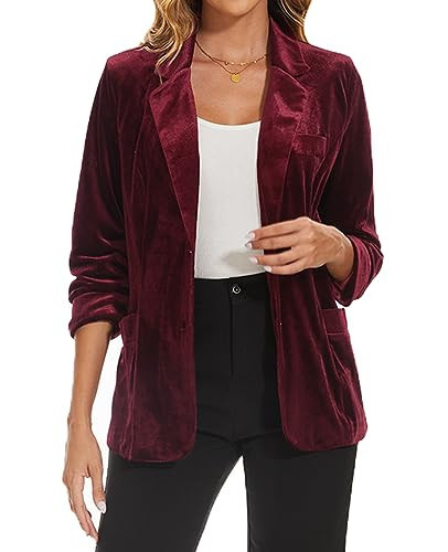 MINTLIMIT Women's Womens Velvet Blazers Suit Button Front Notched Lapel Long Sleeve Suit Jacket Loose Fitting Tailored Jacket Coat with Pockets, M, Wine Red | Amazon (US)