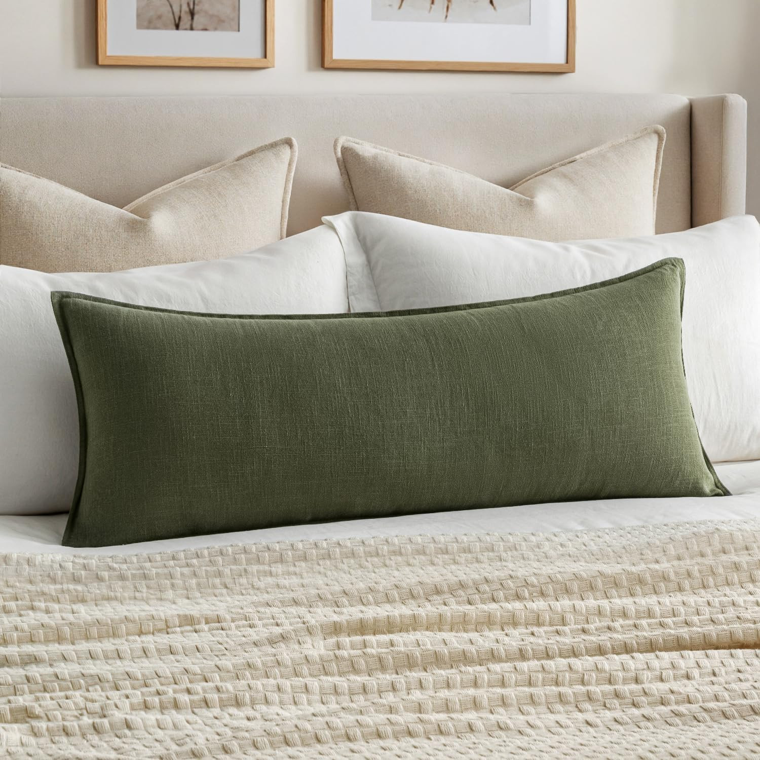 MIULEE Decorative Linen Lumbar Pillow Cover 14x36 Inch Dark Olive Green | Amazon (US)