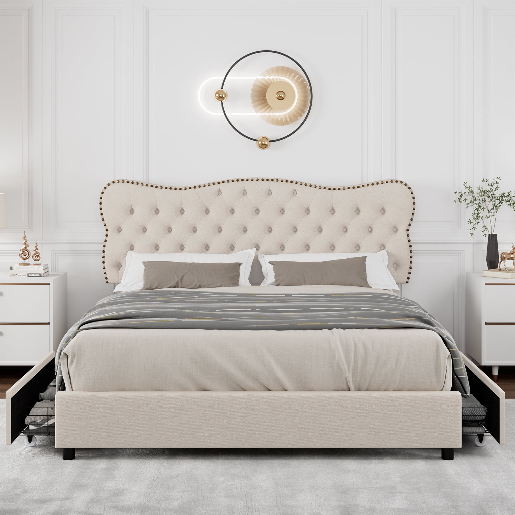 Homfa Beige King Bed Frame with Drawer, Linen Upholstered Storage Platform Bed Frame with Button ... | Walmart (US)