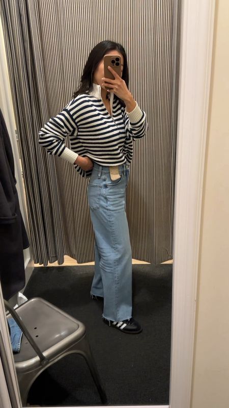 I wanted to show how my favorite Perfect vintage wide-leg crop jeans fit on me in regular sizing instead of petite!

These are a 24 regular (not petite) - and are a full length on me instead of cropped, with a high rise on me (while their petites have a mid high rise on me) 

Slightly loose at my waist, so for regular sizing I might size down. They also have a wash in regular called Fitzgerald that has finished hems instead of raw hems. Inseam on regular for this size is around 26.5 inches.

• trying on Madewell cotton striped sweater xxs, 100% cotton with a looser shorter length fit 

• Adidas sambas men's 4 = women's 5/5.5

#petite denim try on 

#LTKSeasonal #LTKxMadewell