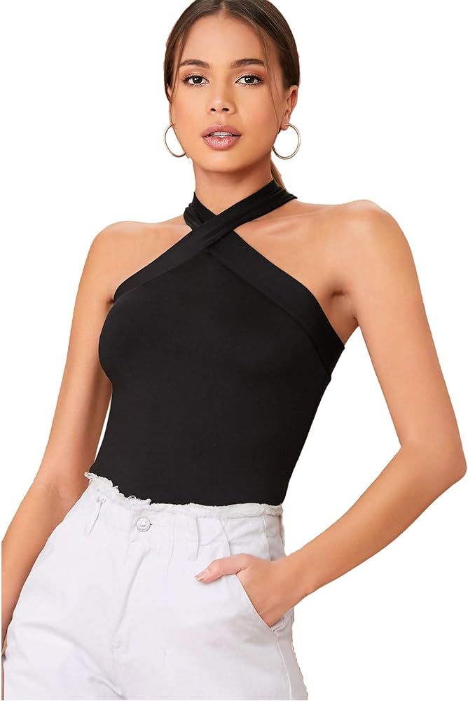 Women's Solid Criss Cross Halter Sleeveless Tee Shirt Top | Amazon (US)