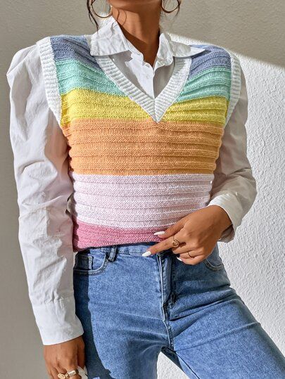 Color Block Contrast Trim Sweater Vest Without Blouse | SHEIN