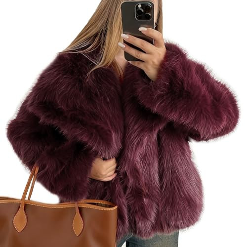 Flygo Women's Faux Fur Coat Fluffy Faux Fur Jacket Long Sleeve Lapel Furry Winter Jackets Shaggy Parka Short Coat(WineRed-S) | Amazon (US)