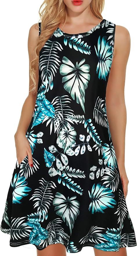 Summer Dresses for Women Beach Floral Tshirt Sundress Sleeveless Pockets Casual Loose Tank Dress | Amazon (US)