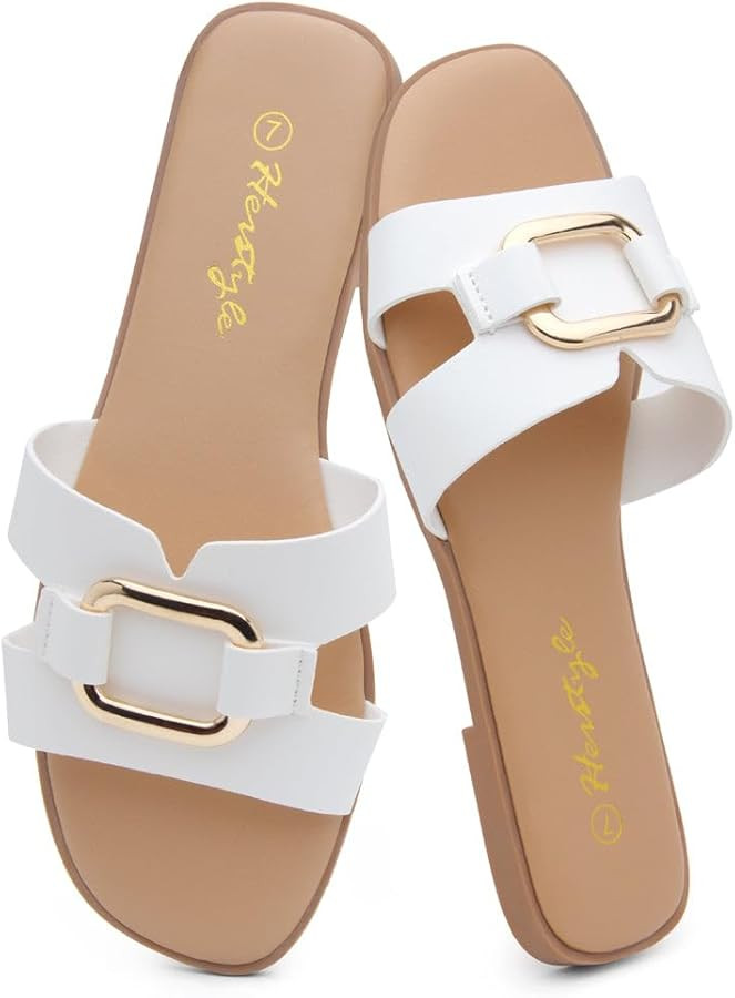 Herstyle Women\u2019s Flat Sandals, Square Open Toe Slides with Metal Chain, Memory Foam Footbed,... | Amazon (US)