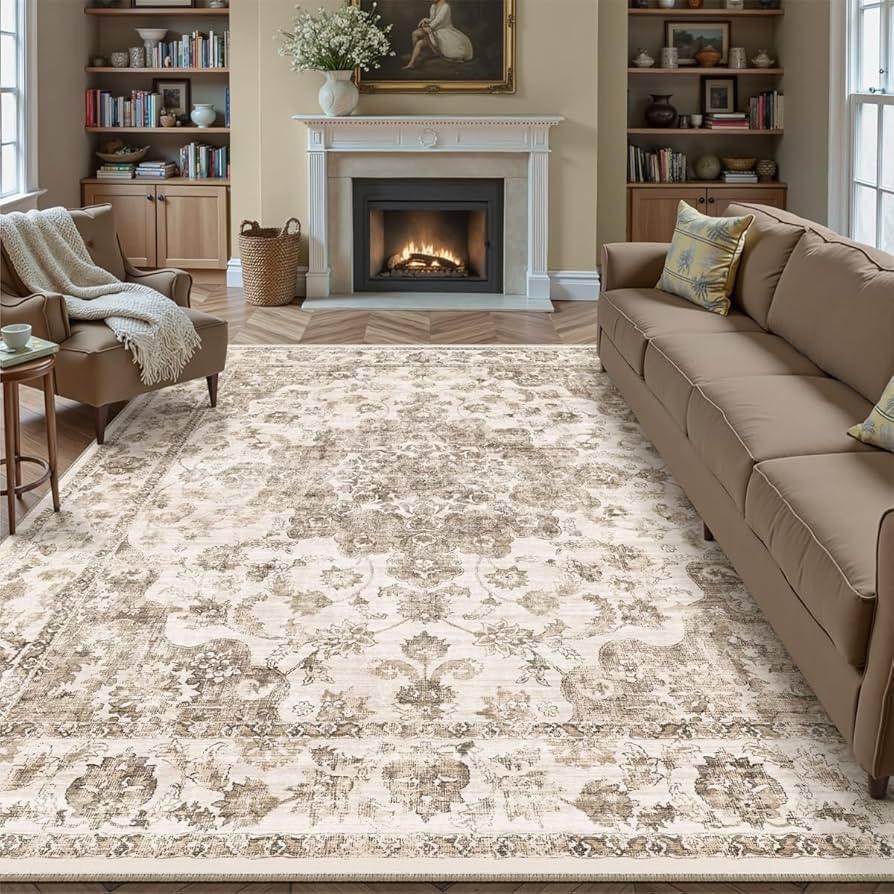 8x10 Washable Neutral Area Rug Brown Vintage Living Room Bedroom Carpet Non-Slip Soft Low Pile Fl... | Amazon (US)