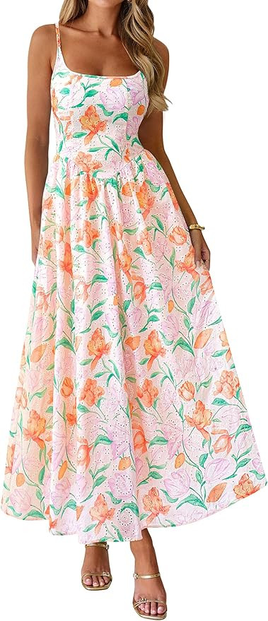 PRETTYGARDEN Womens 2026 Spring Boho Maxi Dress Eyelet Floral Long Flowy Sundresses Summer Beach ... | Amazon (US)