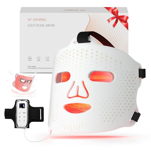 Umitec LED Face Mask Light Therapy, FDA-Cleared, 4 Modes Red Light Therapy for Face with Remote and Timer, 2000mAh Rechargeable, Blue, 850NM Infrared & Red Light Therapy Mask at Home, 288 LEDs, White | Amazon (US)