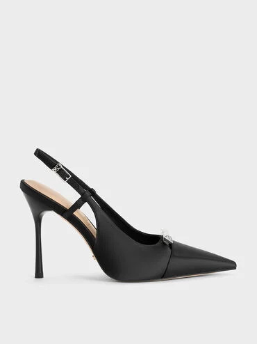 Black Textured Recycled Polyester Bow Slingback Pumps | CHARLES & KEITH UK | Charles & Keith UK