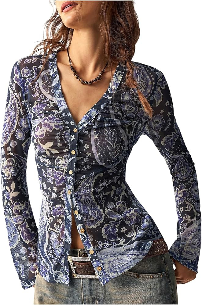 SweatyRocks Women's Boho Paisley Print Button Down Shirt Retro Y2K Long Sleeve Fitted Tops | Amazon (US)