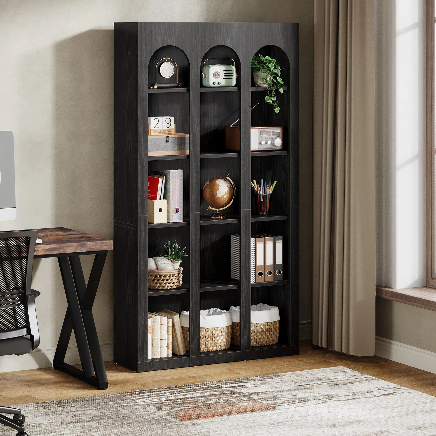 5-Tier 39.37" W X 70.87" H Modern Black Wood Farmhouse Home Office Tall Bookshelf Bookcase Open L... | Wayfair North America