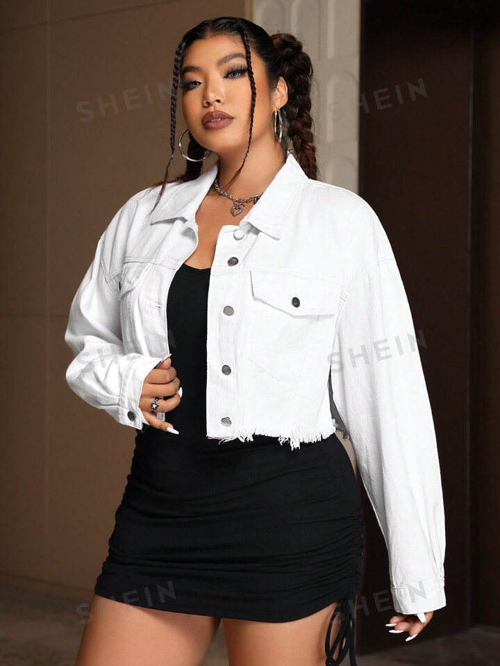 SHEIN EZwear Plus Size Women Loose Short Denim Jacket With Drop-Shoulder, Long Sleeves, Patchwork... | SHEIN
