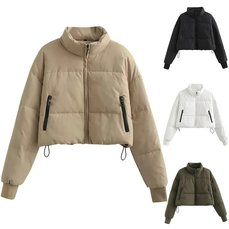 Jinhomg Casual Puffer Coat for Women Trendy Solid Zip-Up Cropped Jacket Fall Winter Lightweight C... | Walmart (US)