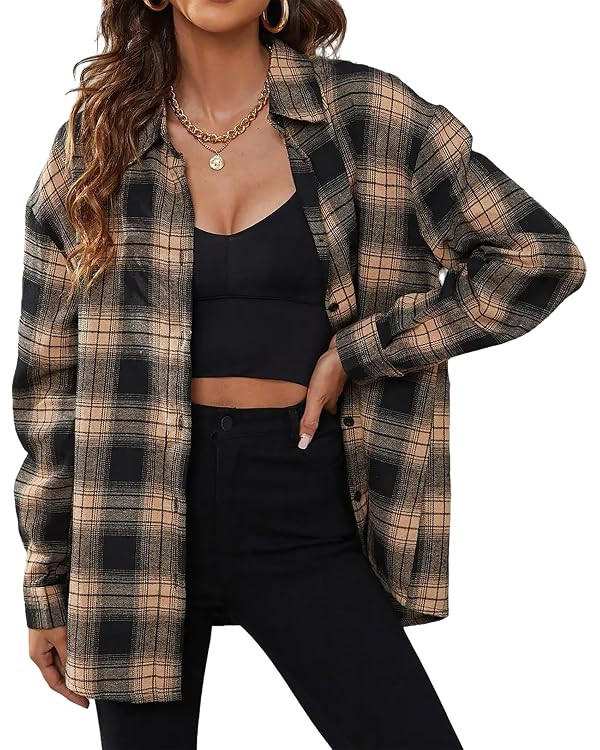 Oyamiki Womens Casual Cuffed Long Sleeve Boyfriend Button Down Plaid Flannel Shirt Tops | Amazon (US)