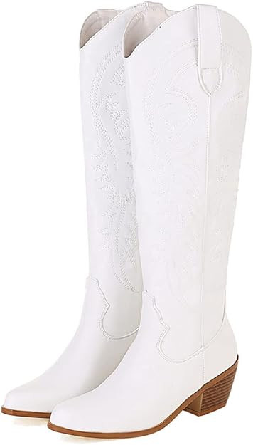 Erocalli Cowboy Boots for Women Embroidered Pull-On Chunky Stacked Heel Cowgirl Knee High Western... | Amazon (US)
