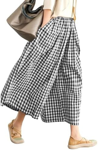 LOMON Womens Wide Leg Capri Pants Cotton Gingham Plaid Culottes Summer Elastic Waist Palazzo Trou... | Amazon (US)