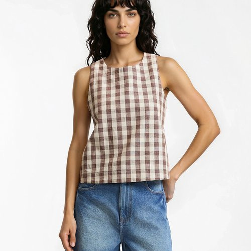 Gingham Print Cotton/Linen Sleeveless Top | La Redoute (UK)