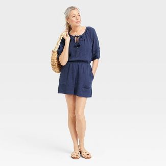 Women&#39;s Short Sleeve Gauze Romper - Knox Rose&#8482; Navy M | Target