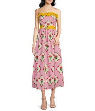 Sugarlips Maia Floral Beny Ruffle Strapless Belted Midi Dress | Dillard's | Dillard's