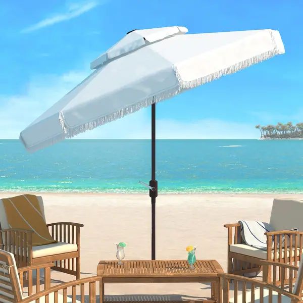 SAFAVIEH Outdoor Living Milan Fringe 9Ft Double Top Crank Umbrella. - White | Bed Bath & Beyond