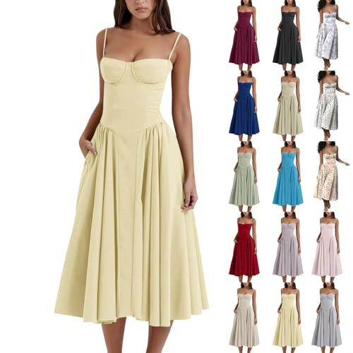 Floral Corset Dress Womens Corset Dress Elegant Formal Spaghetti Strap Bustier Midi Dress Flowy Pleated Hem Low Cut Prom Dresses with Pockets Yellow | Amazon (US)