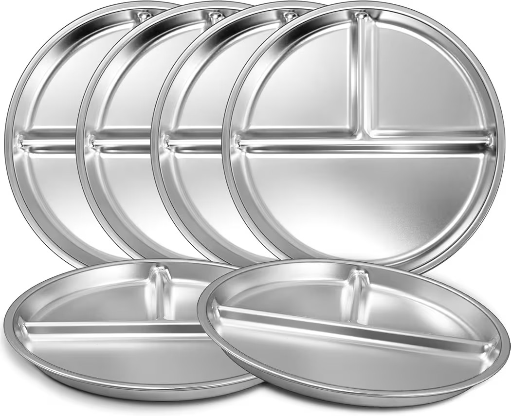 EWFEN Stainless Steel Toddler Plate Set of 6, 9" Portion Control Plates Divided Plate for Adults ... | Amazon (US)