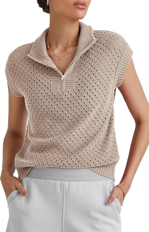 Arach&Cloz Womens Summer Cap Sleeve Sweater Vest 2025 Spring Casual Quarter Zip Hollow Out Croche... | Amazon (US)