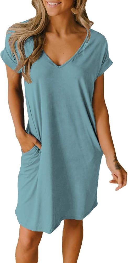 BTFBM Women V-Neck Short Sleeve Solid Color Casual Loose Fit T-Shirt Tunic Dress Pajamas with Two... | Amazon (US)