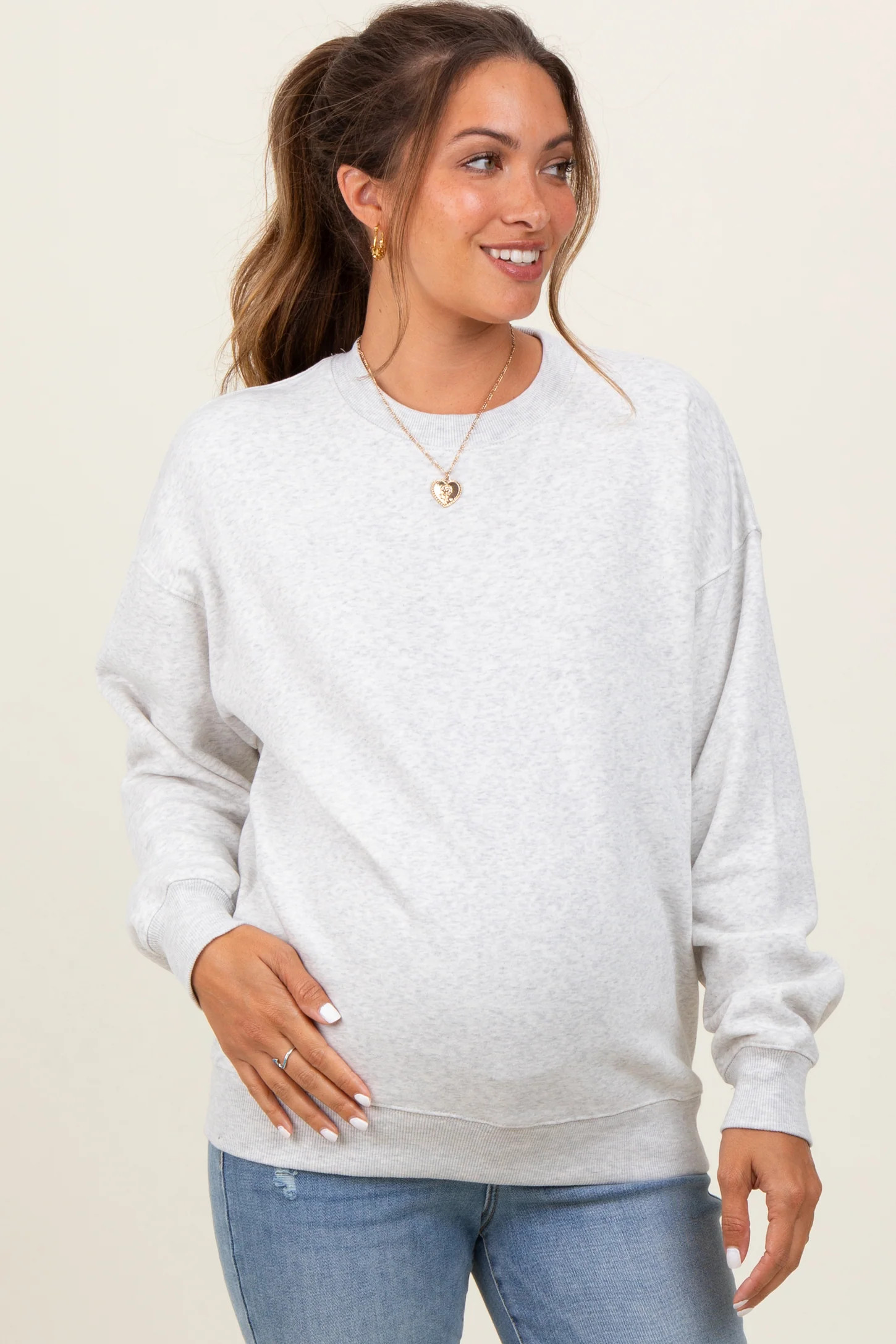 Heather Grey Fleece Crew Neck Relaxed Fit Maternity Sweatshirt | PinkBlush Maternity