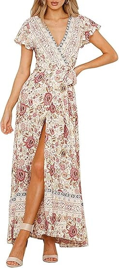ZESICA Women's Bohemian Floral Printed Wrap V Neck Short Sleeve Split Beach Party Maxi Dress | Amazon (US)