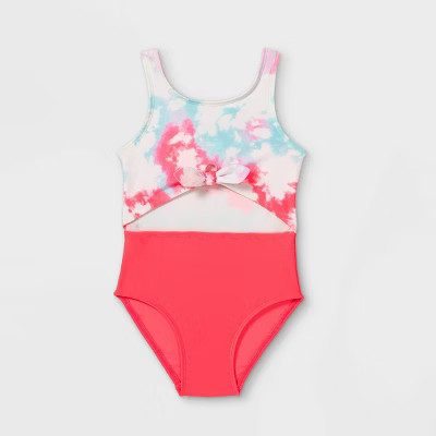 Toddler Girls' Tie-Dye Tie-Front One Piece Swimsuit - Cat & Jack™ Neon Pink | Target