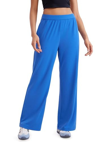 CRZ YOGA Comfy Ribbed Sweatpants Women 30.5'' Wide Leg Casual Lounge Travel Pants with Pockets Sparkle Blue Medium | Amazon (US)