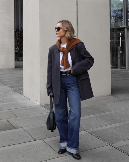 Transition from winter to spring with a gray blazer layered with a brown jumper, blue jeans, and a white t-shirt 

#LTKSeasonal #LTKeurope #LTKstyletip