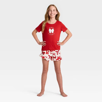 Girls' 2pc Bows Short Sleeve Holiday Pajama Set - Cat & Jack™ Red | Target