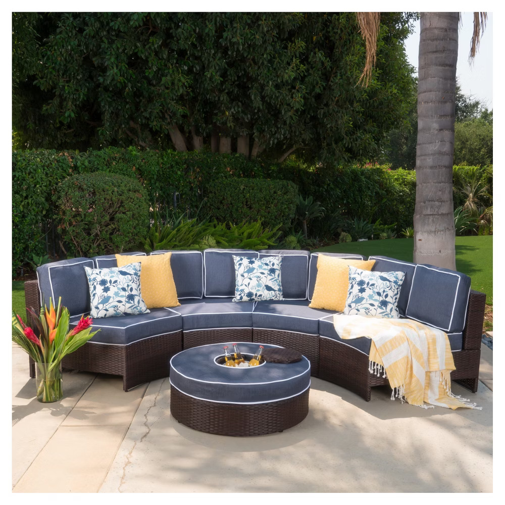 Madras Saint Luca 5pc Wicker 1/2 Round Seating Set with Ice Bucket Ottoman - Navy Blue - Christopher | Target