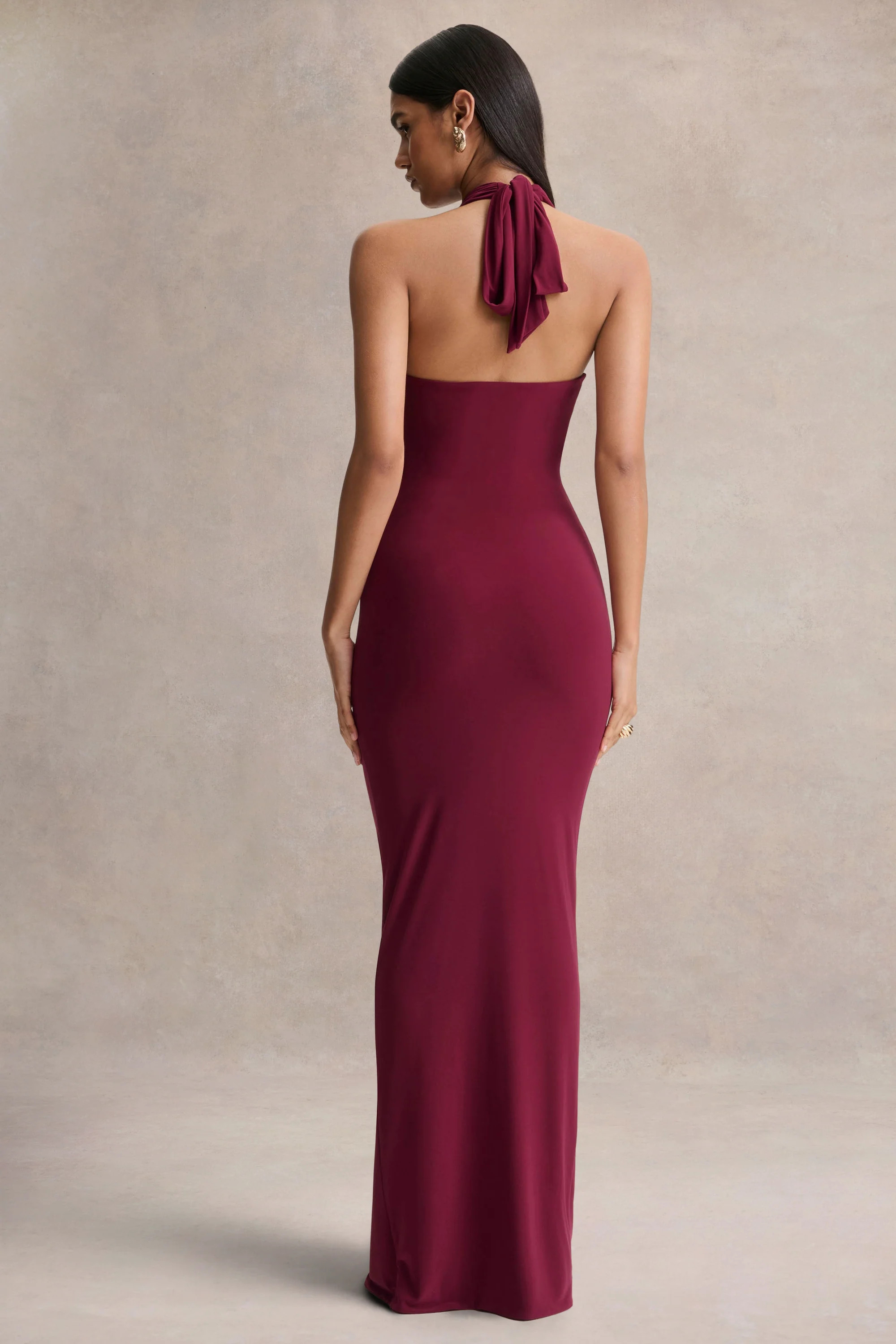 Lesley | Burgundy Plunge-Neck Maxi Dress | Club L London