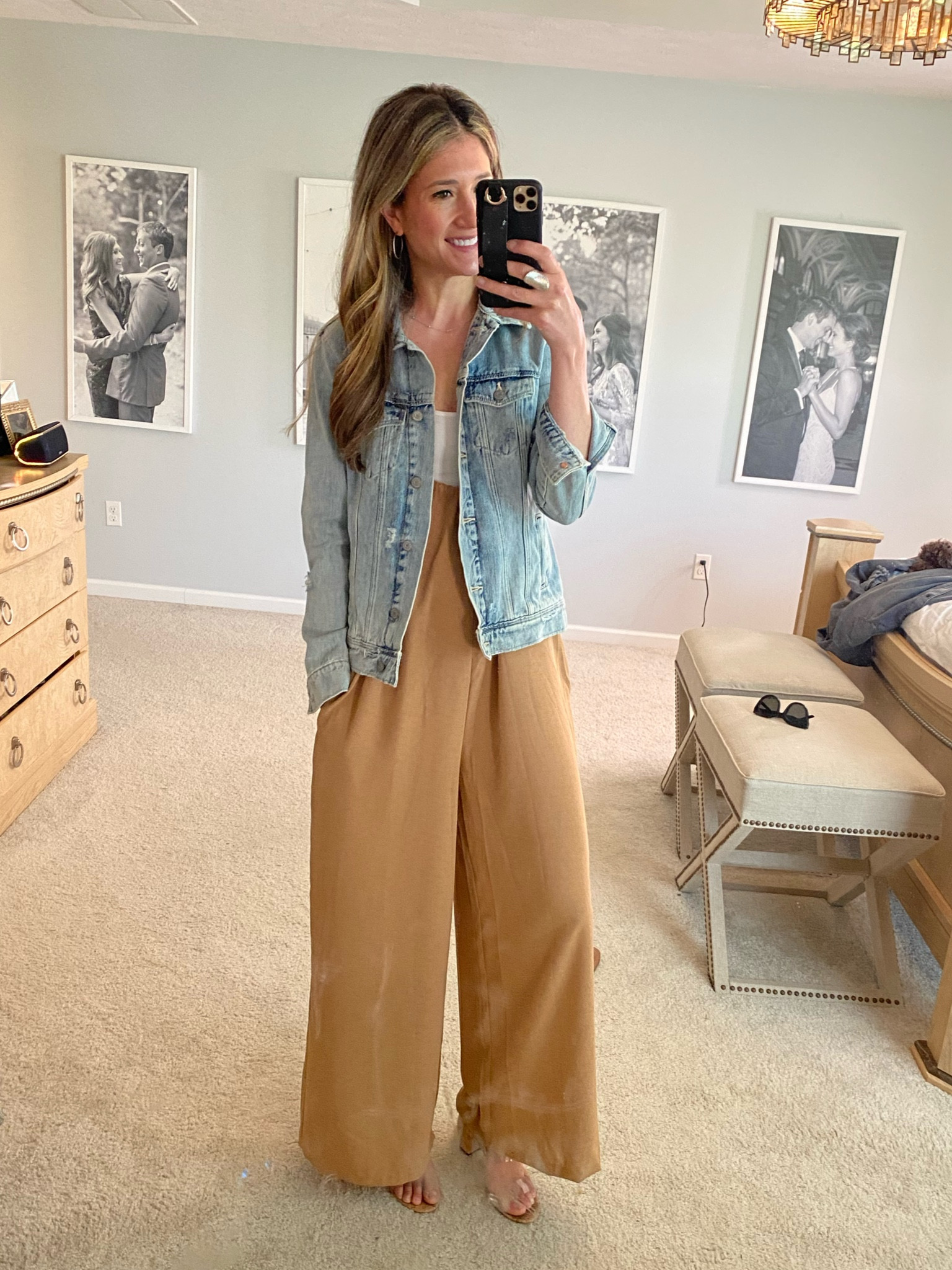 Women’s casual summer outfit idea for travel or casual event.  Adjustable straps wide leg jumpsuit with pockets and a denim jacket. Paired it with my favorite block heels 

#LTKshoecrush #LTKstyletip #LTKunder50