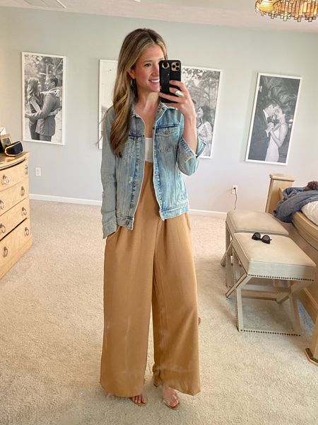 Women’s casual summer outfit idea for travel or casual event.  Adjustable straps wide leg jumpsuit with pockets and a denim jacket. Paired it with my favorite block heels 

#LTKshoecrush #LTKstyletip #LTKunder50