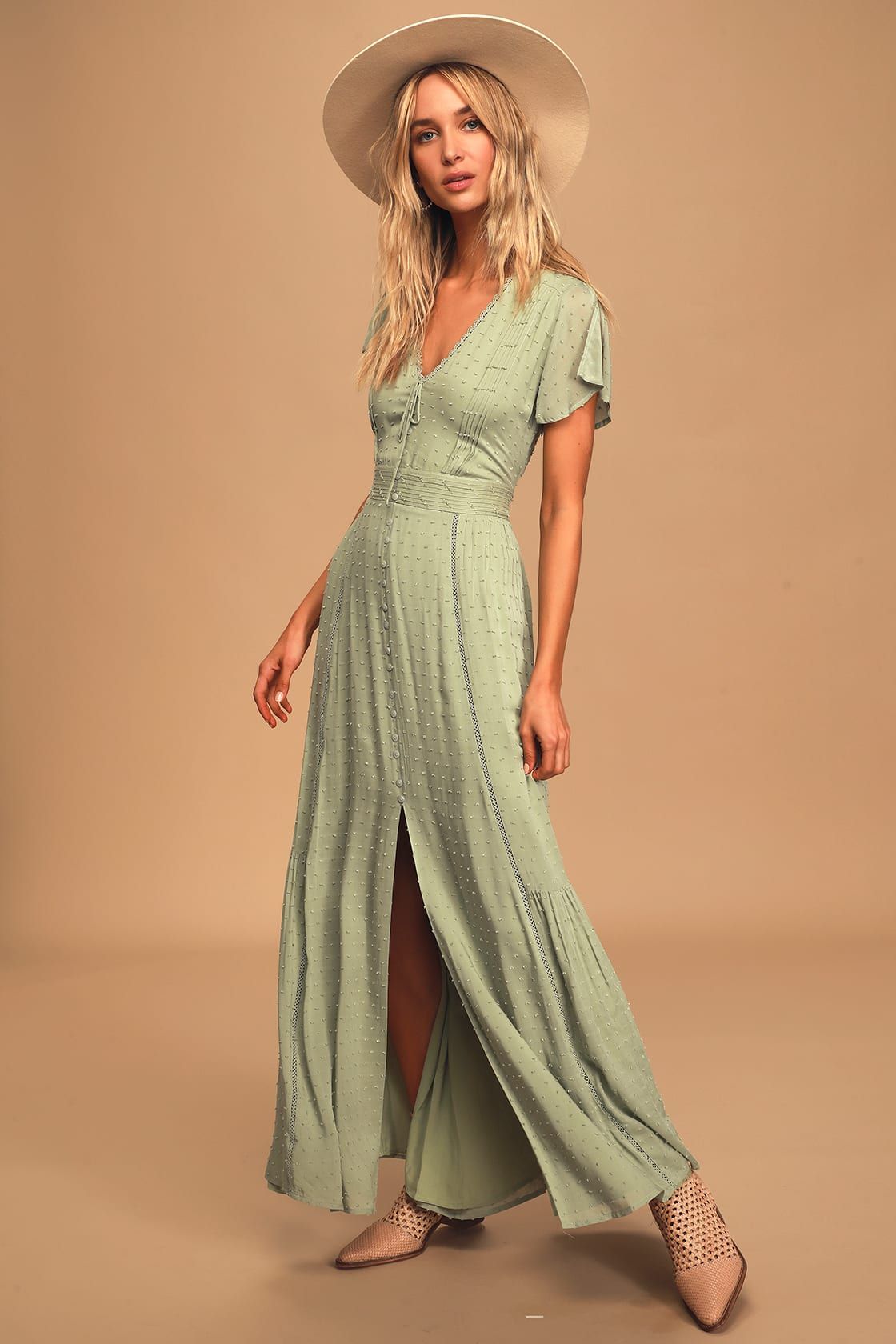 Completely In Love Sage Green Swiss Dot Button-Front Maxi Dress | Lulus (US)