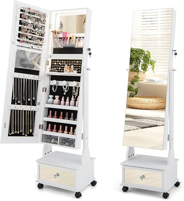 CHARMAID Rolling Jewelry Armoire with Full Length Mirror, Lockable Standing Jewelry Cabinet Organ... | Amazon (US)