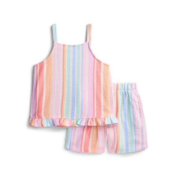 Wonder Nation Girls Textured Woven Cotton Top and Shorts Outfit Set, 2-Piece, Sizes 4-10 | Walmart (US)