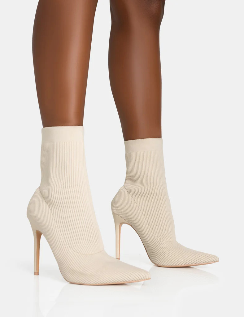 Mirival Off White Knitted Stiletto Sock Pointed Toe Ankle Boots | Public Desire (US & CA)