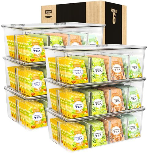 Utopia Home Tea Bag Organizer - Stackable Tea Bag Storage Organizer with Clear Top Lid- Tea bag holder For Counter tops, Kitchen Cabinets, Pantry, Sweeteners (Clear, Pack of 6) | Amazon (US)