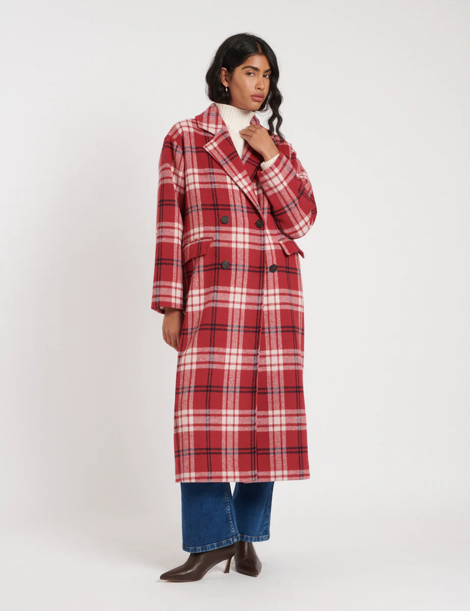 Oversized Red Check Double Breasted Wool Blend Coat | Nobody's Child