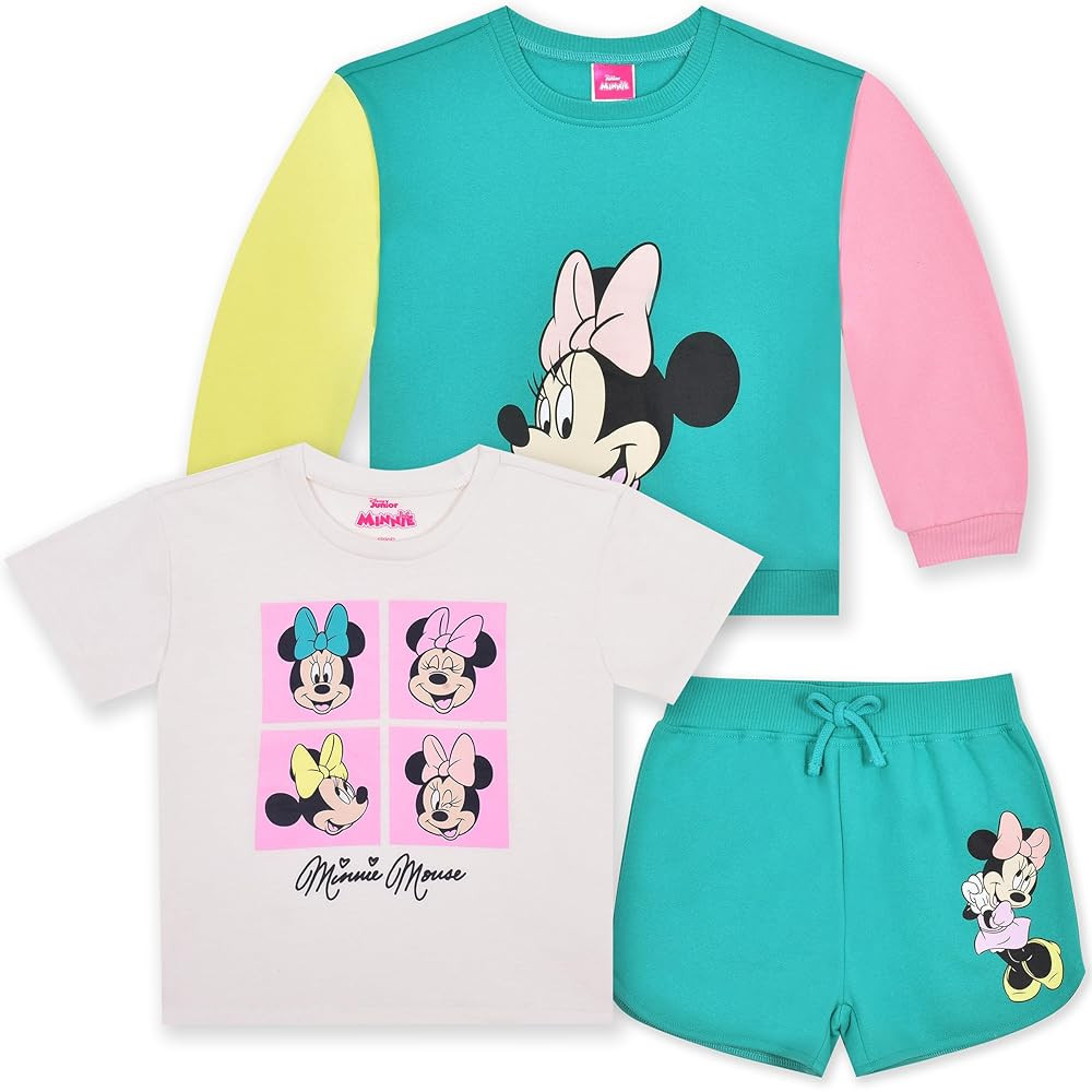 Disney Minnie Mouse Girls Sweatshirt, Short Sleeve T-Shirt, and Shorts 3 Piece Set for Toddlers a... | Amazon (US)